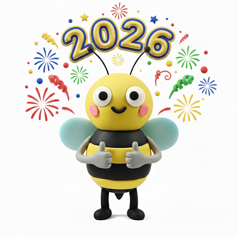 SpellMe Bee with 2026 above its head with fireworks in the background
