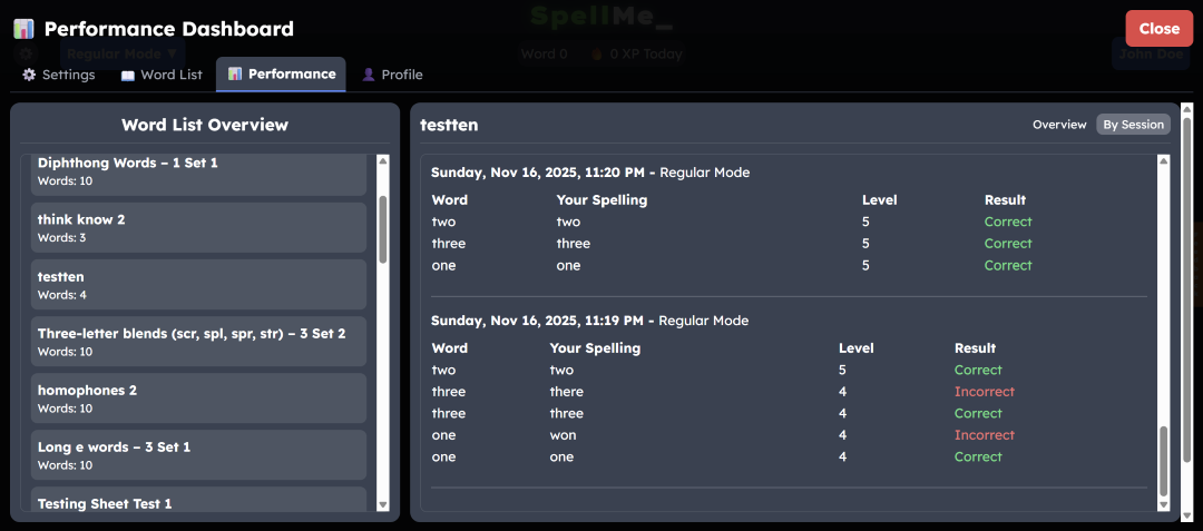 Screenshot of the updated performance view