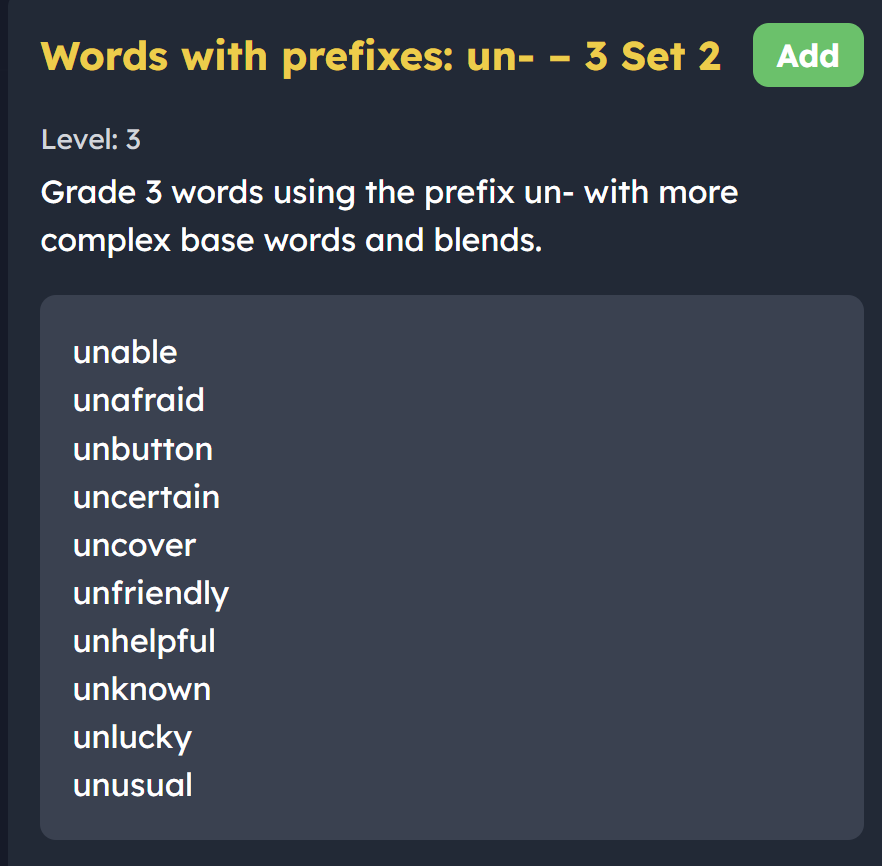 Prefix word list