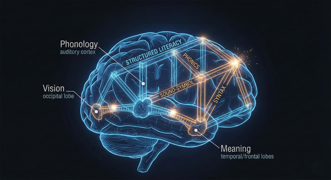 An image of the brain with a structured literacy structure as a scaffold inside it