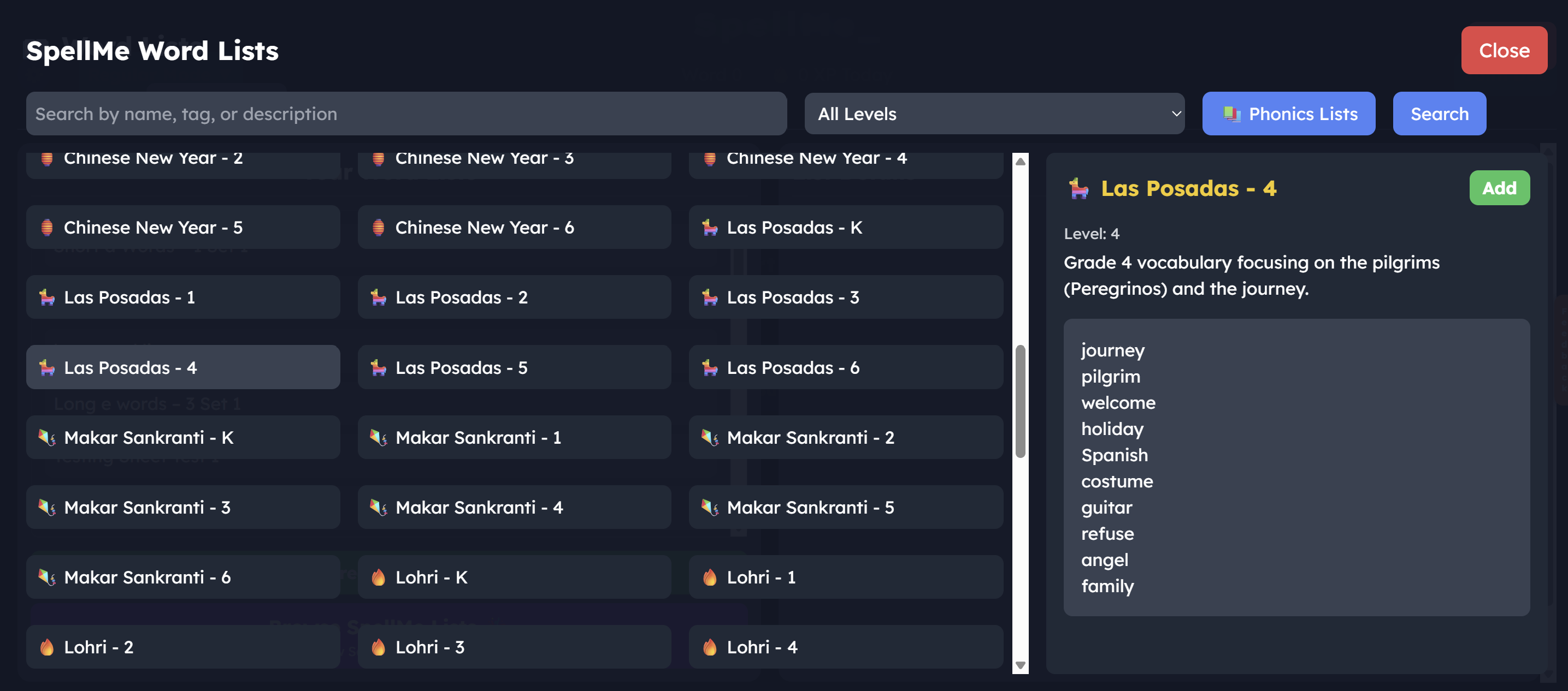 Screenshot of the SpellMe word lists page